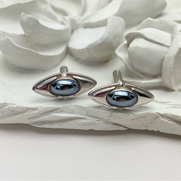 VINTAGE Anson Cufflinks Blue Grey Cabochon Silver Tone Eye Shaped Chunky Signed - Picture 5 of 8
